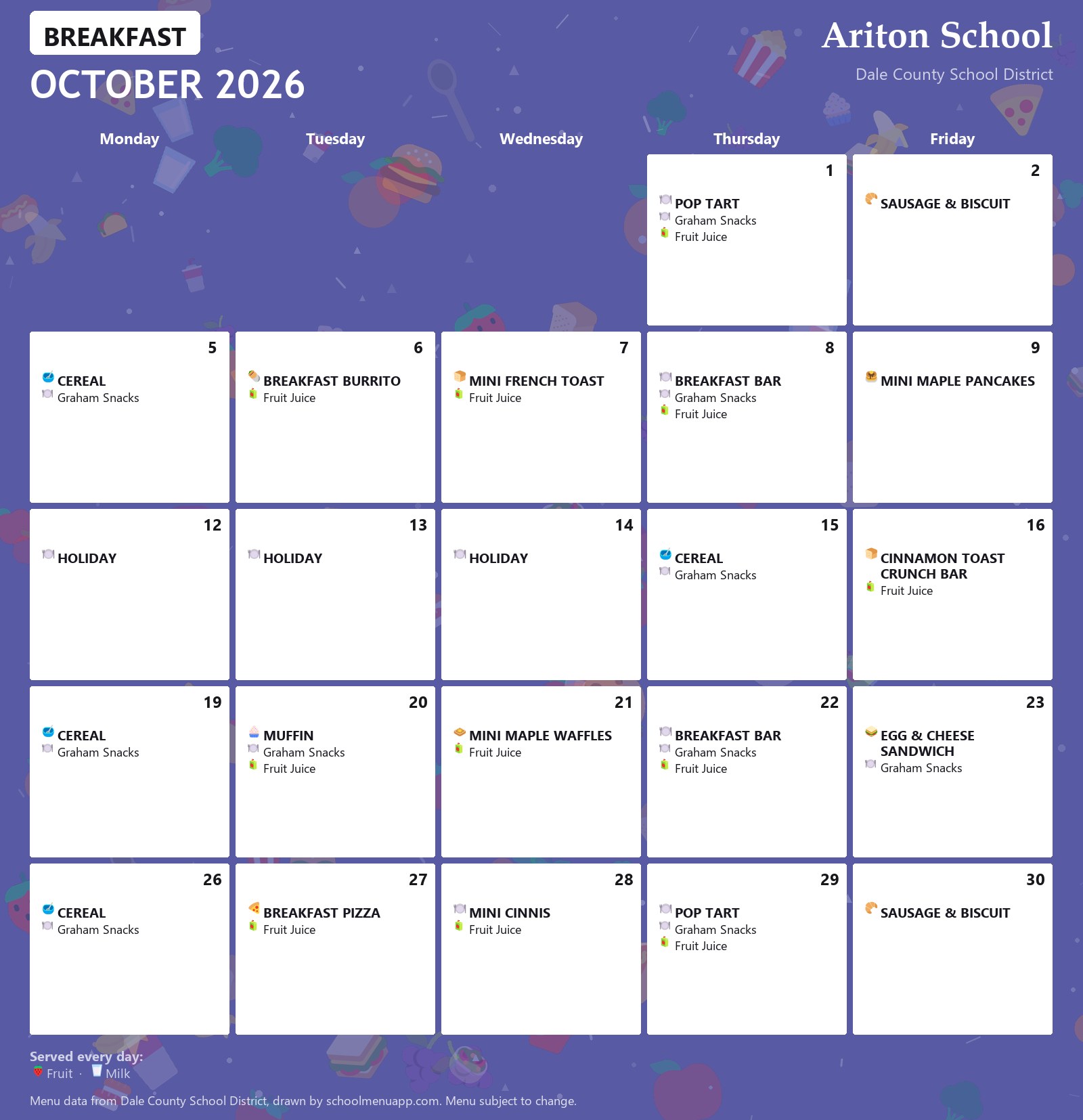 Ariton School lunch menu for October 2026, Dale County School District