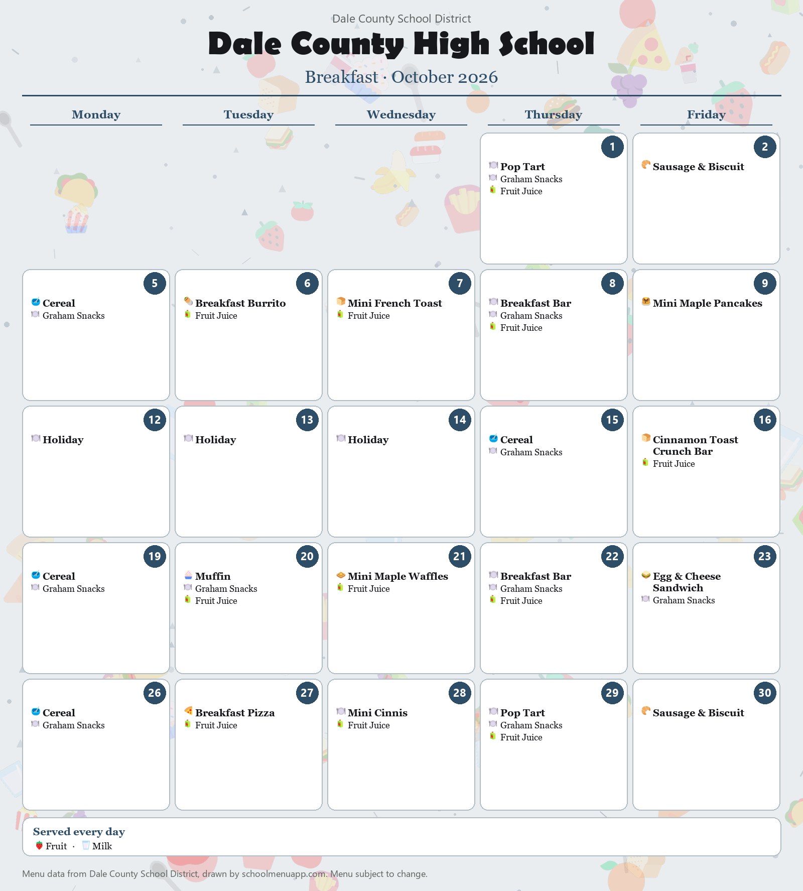 Dale County High School breakfast menu for October 2026, Dale County School District