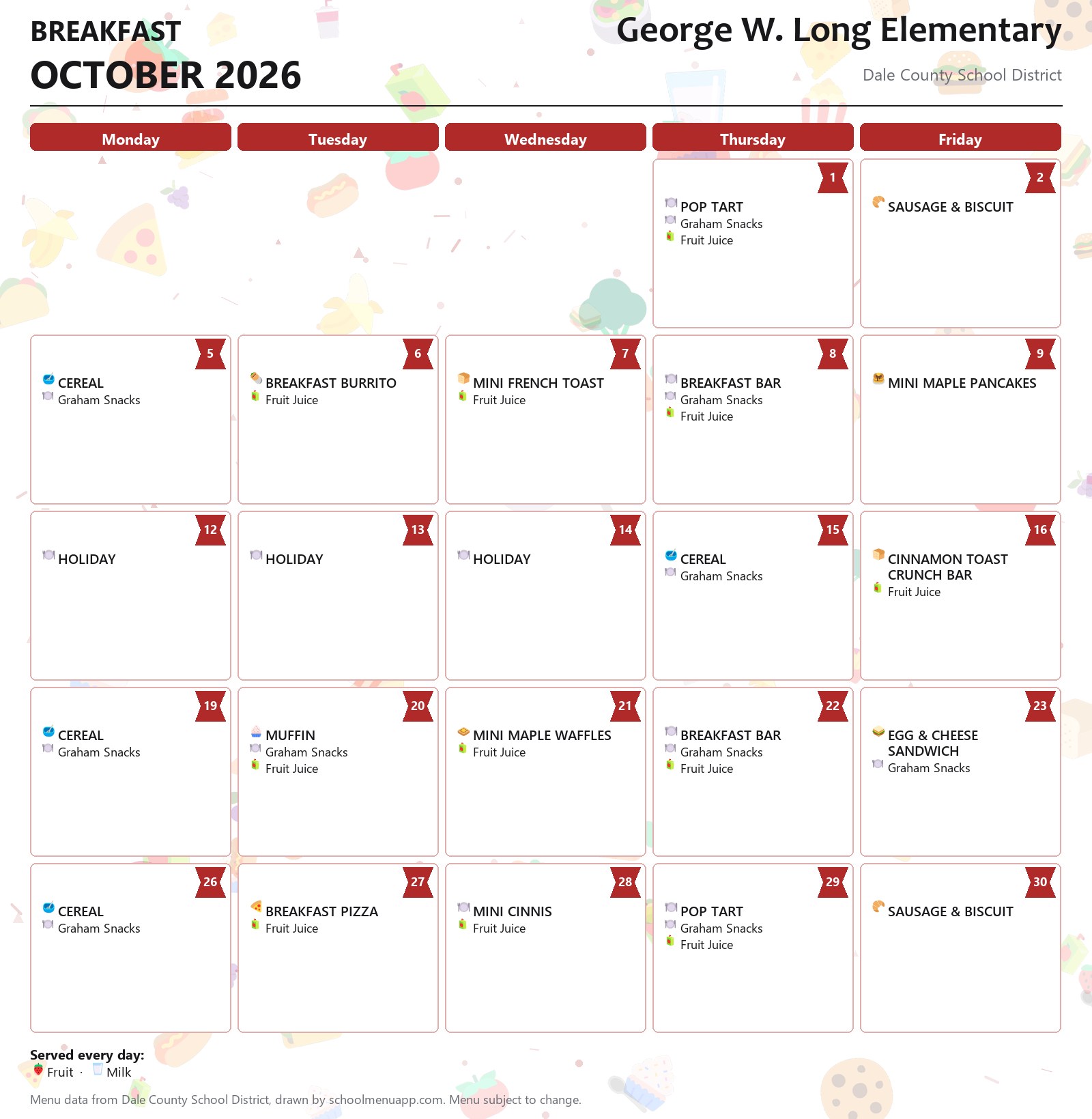 George W. Long Elementary breakfast menu for October 2026, Dale County School District