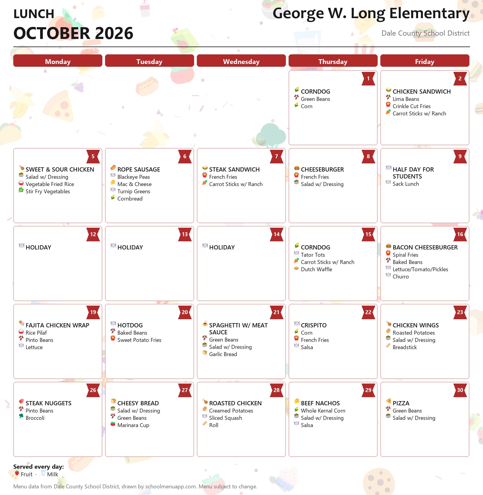 George W. Long Elementary lunch menu for October 2026, Dale County School District