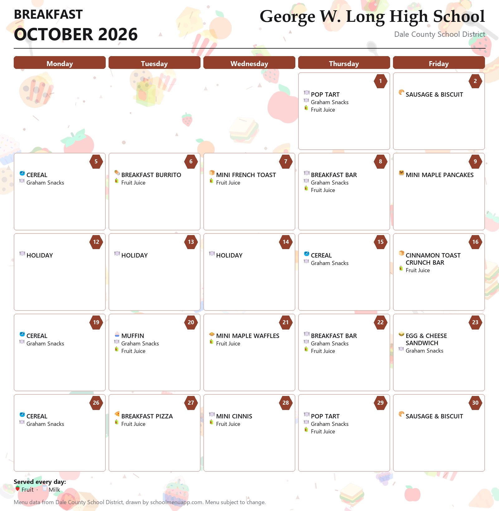 George W. Long High School breakfast menu for October 2026, Dale County School District