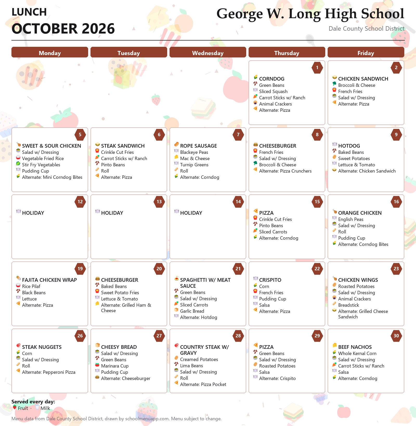 George W. Long High School lunch menu for October 2026, Dale County School District
