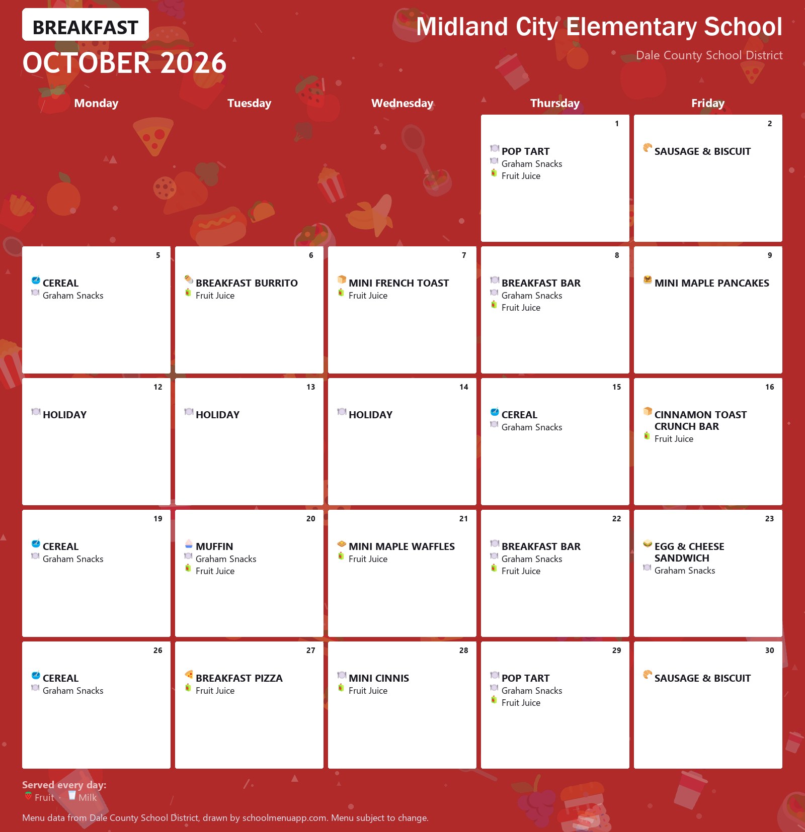 Midland City Elementary School breakfast menu for October 2026, Dale County School District