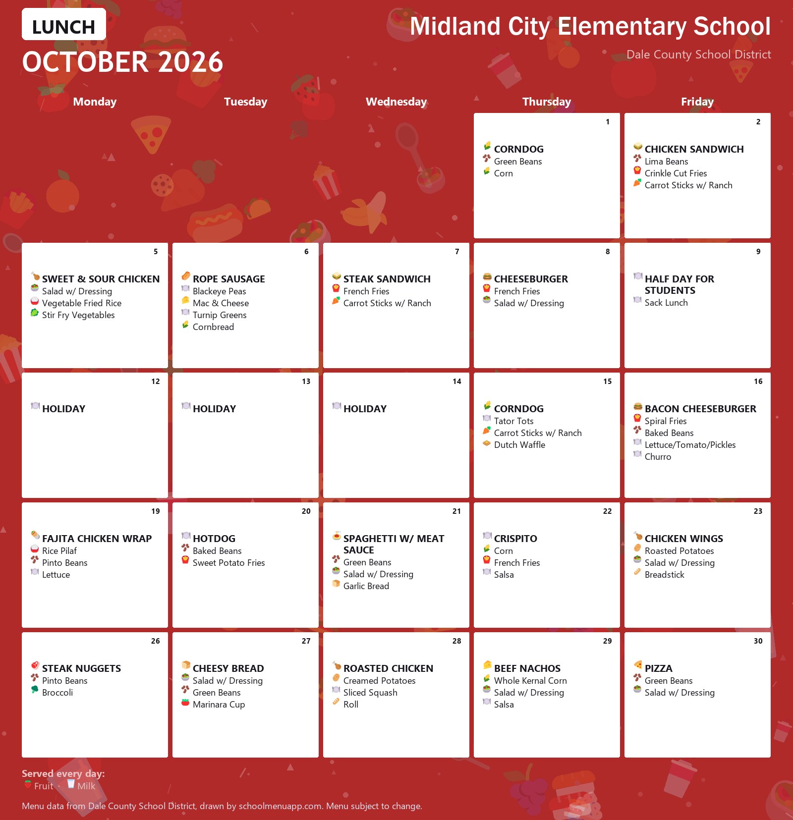 Midland City Elementary School lunch menu for October 2026, Dale County School District