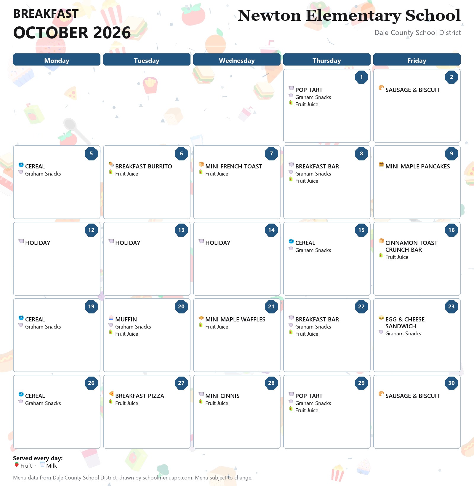 Newton Elementary School breakfast menu for October 2026, Dale County School District