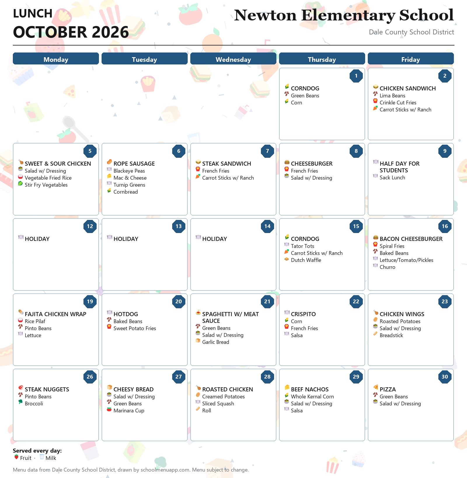 Newton Elementary School lunch menu for October 2026, Dale County School District