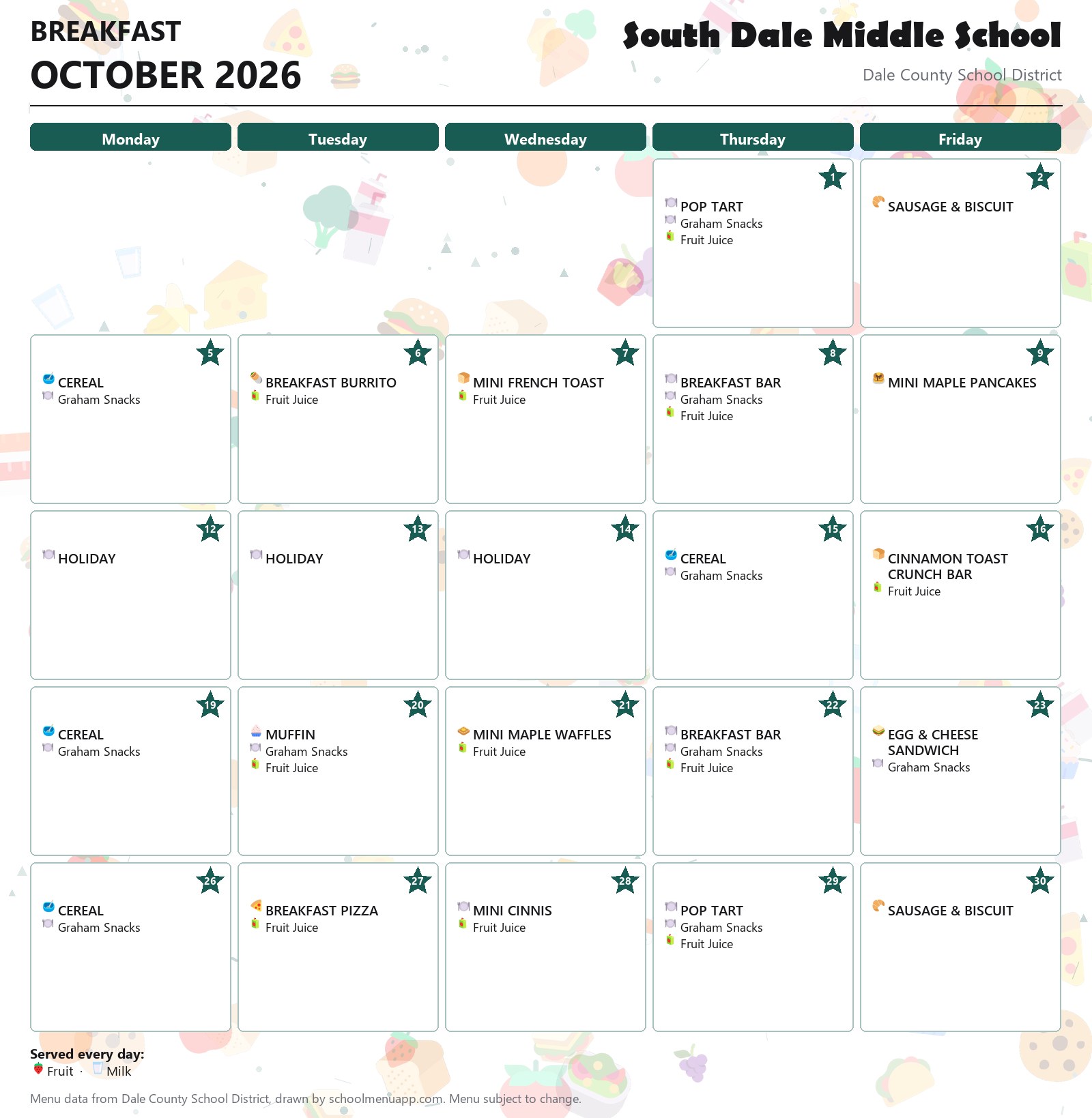 South Dale Middle School lunch menu for October 2026, Dale County School District
