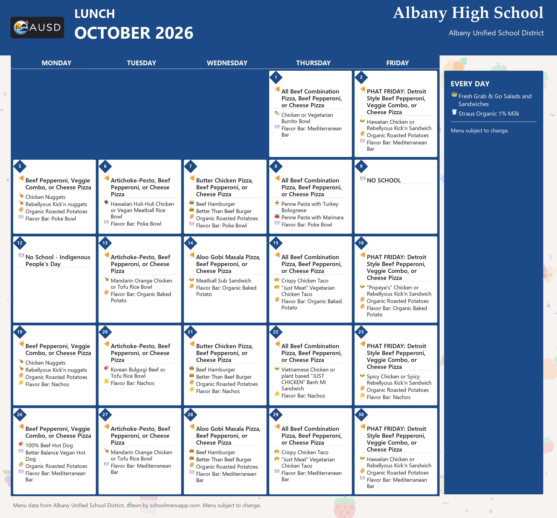 Albany High School lunch menu for October 2026, Albany USD