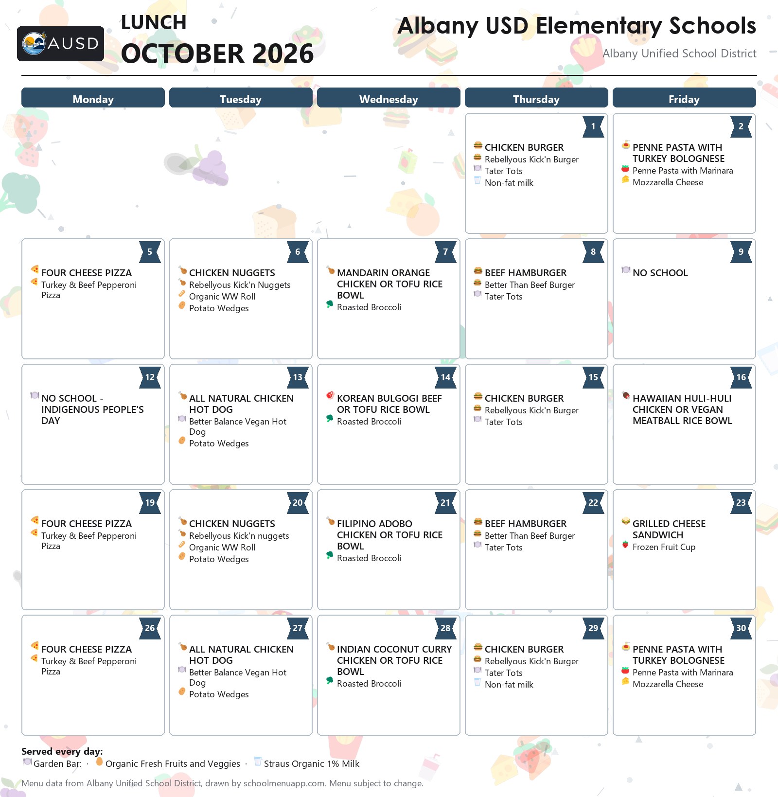 Albany USD Elementary Schools lunch menu for October 2026, Albany USD