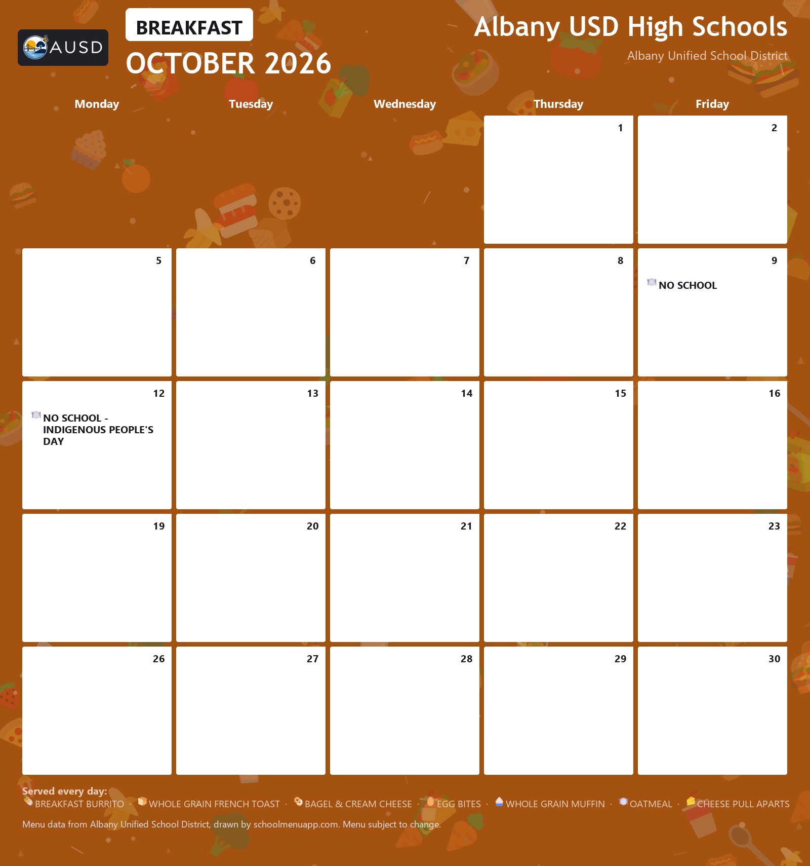 Albany USD High Schools breakfast menu for October 2026, Albany USD