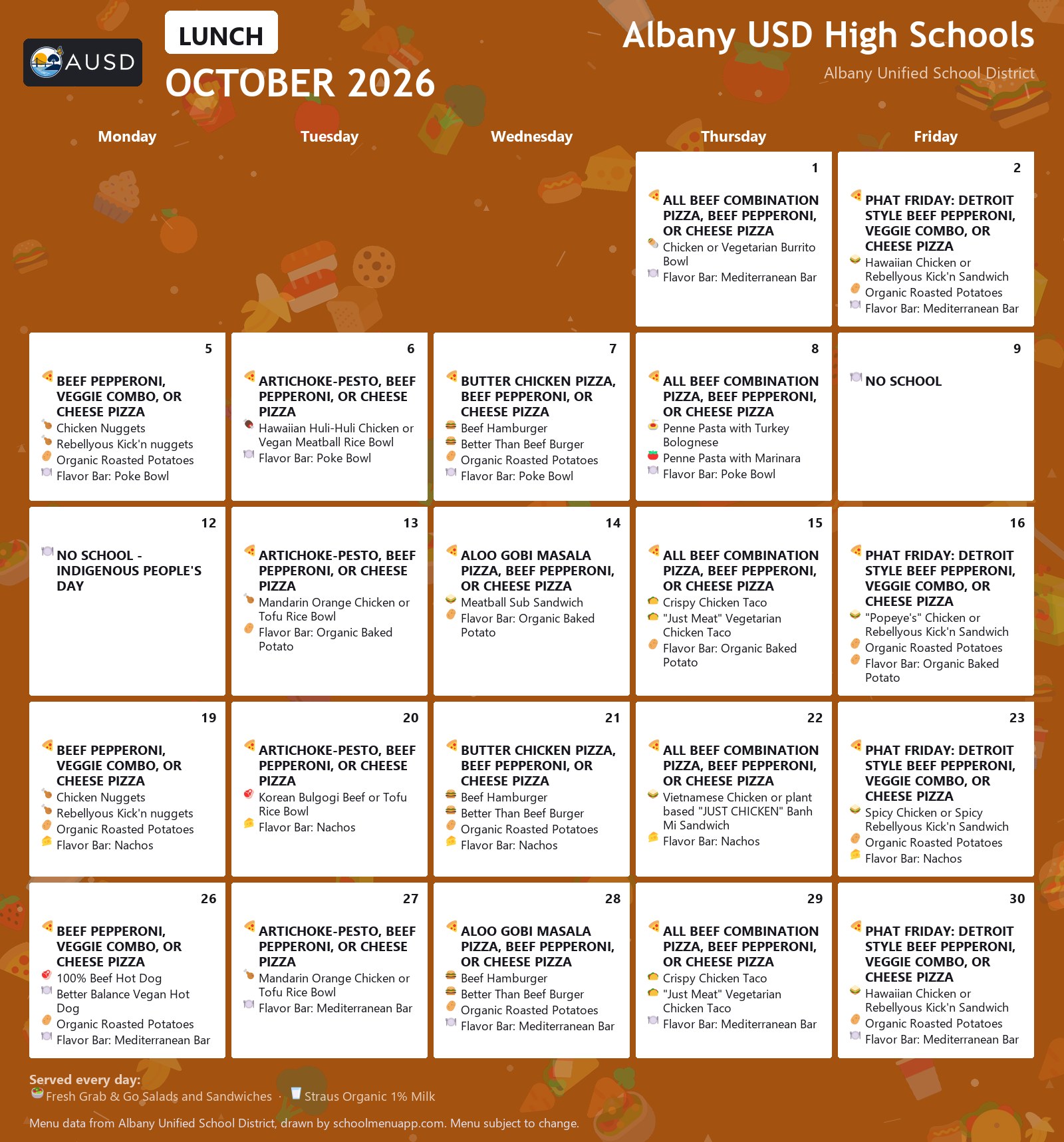 Albany USD High Schools lunch menu for October 2026, Albany USD