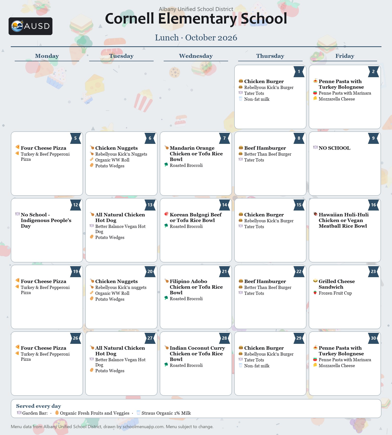 Cornell Elementary School lunch menu for October 2026, Albany USD