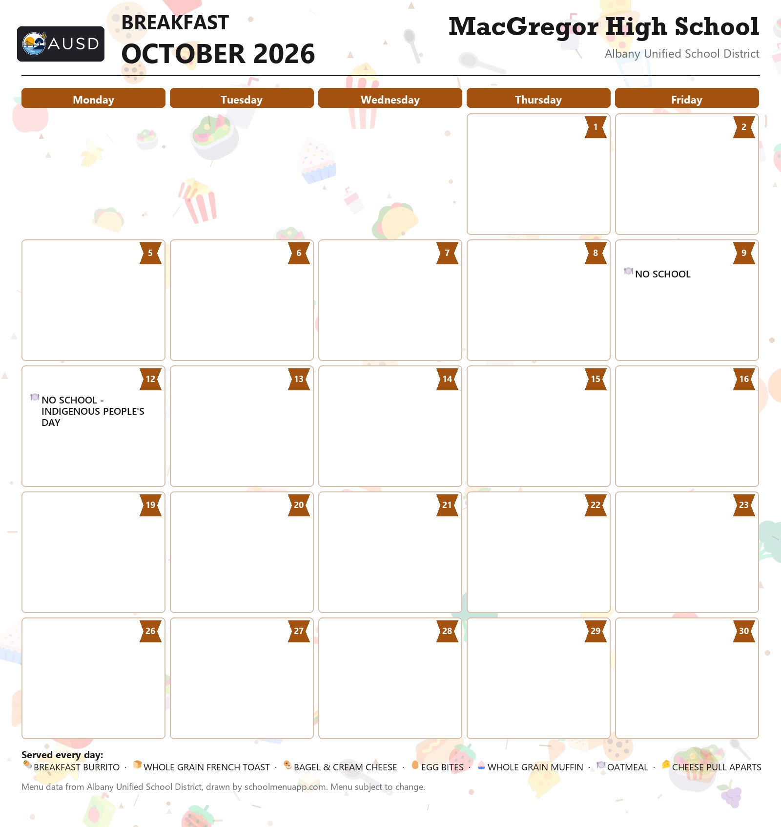 MacGregor High School breakfast menu for October 2026, Albany USD