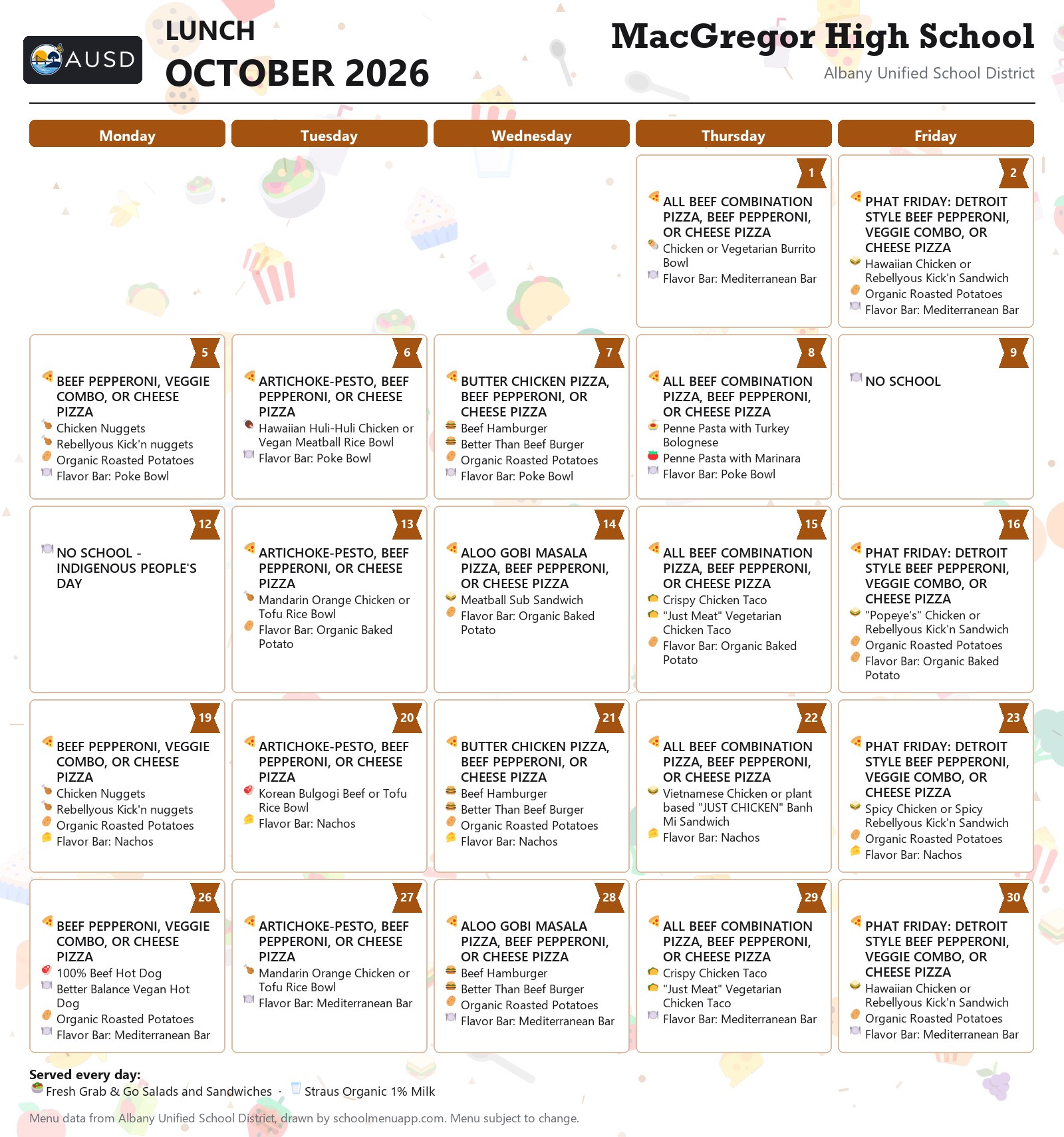 MacGregor High School lunch menu for October 2026, Albany USD