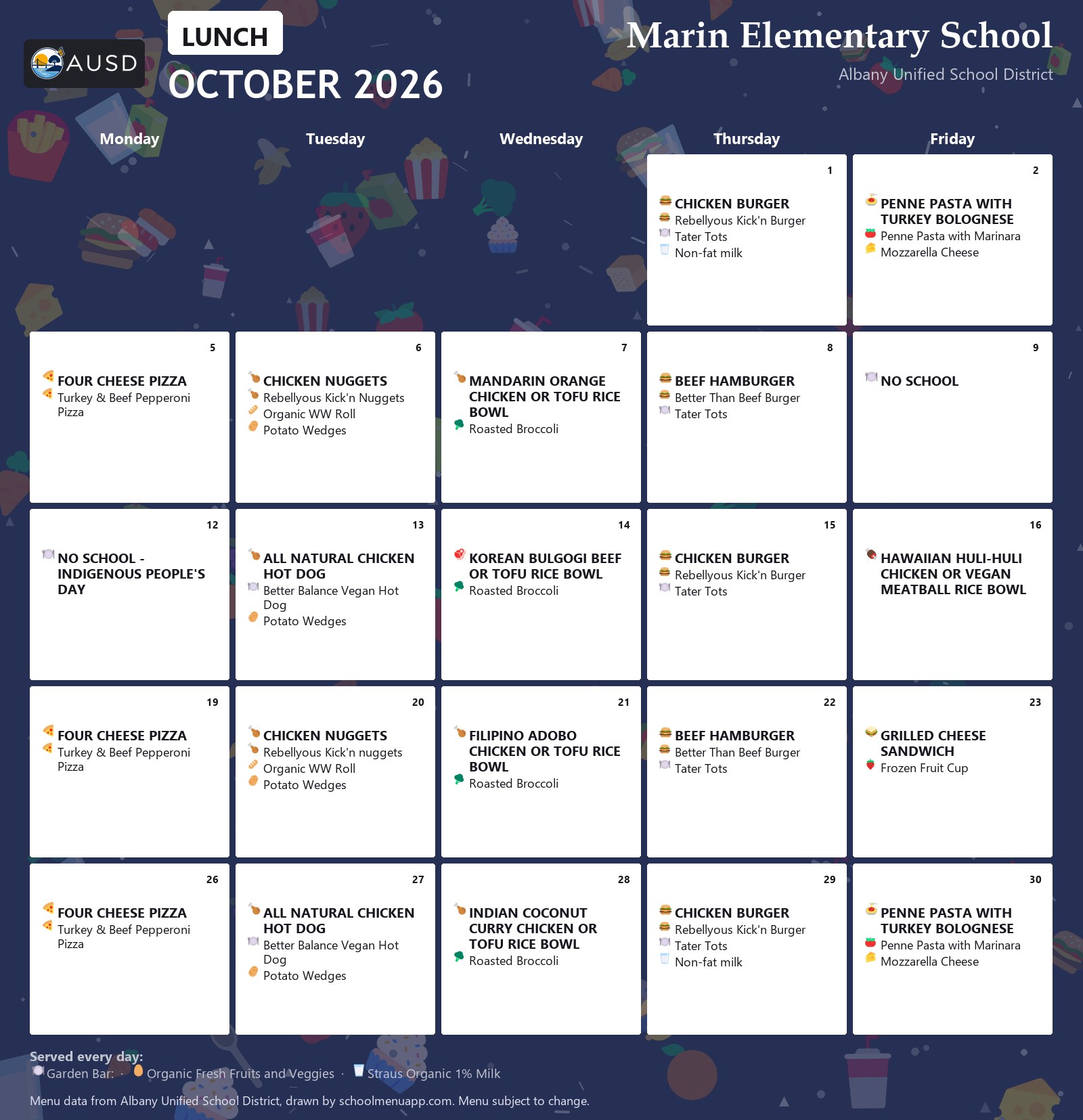 Marin Elementary School lunch menu for October 2026, Albany USD