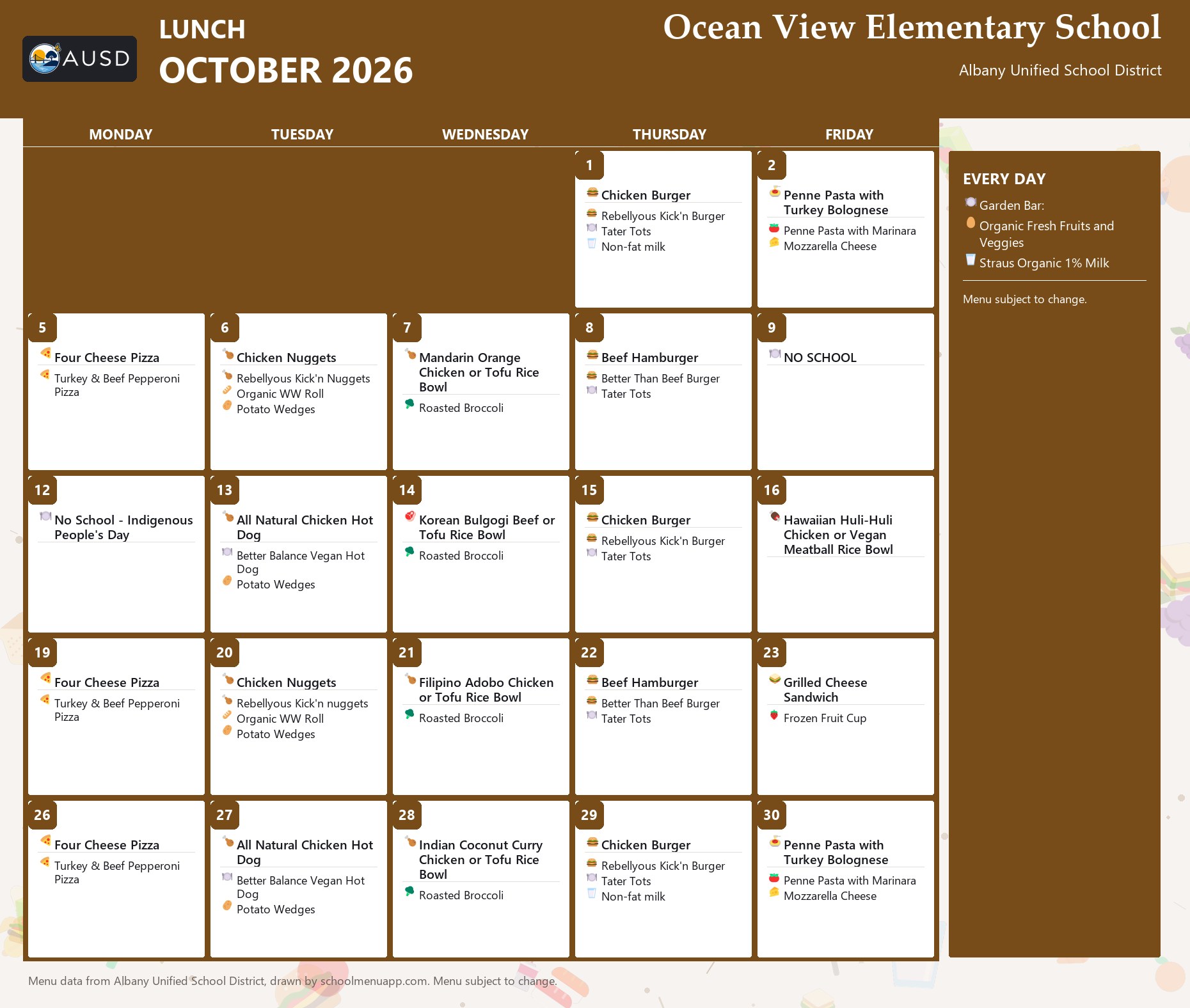 Ocean View Elementary School lunch menu for October 2026, Albany USD