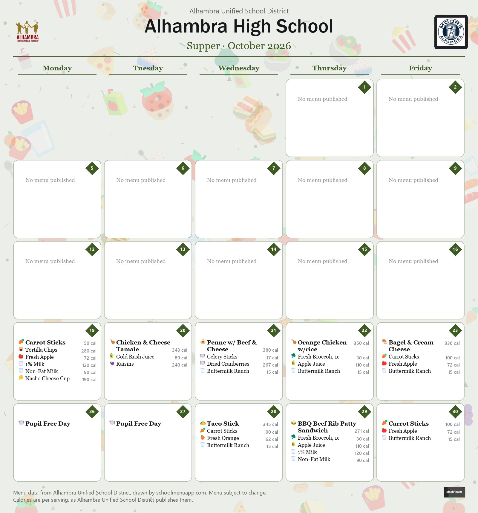Alhambra High School supper menu for October 2026, Alhambra USD