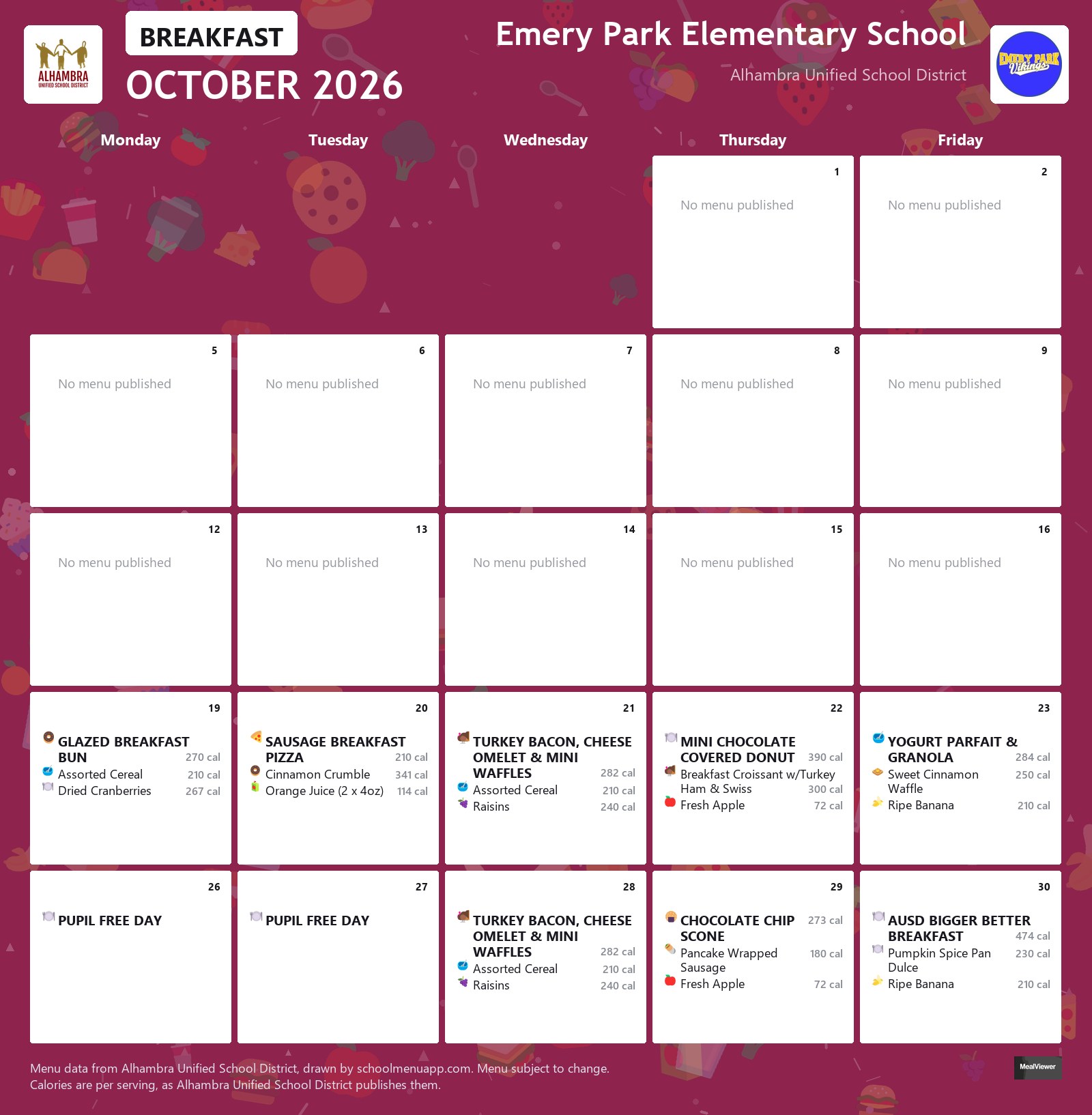 Emery Park Elementary School breakfast menu for October 2026, Alhambra USD