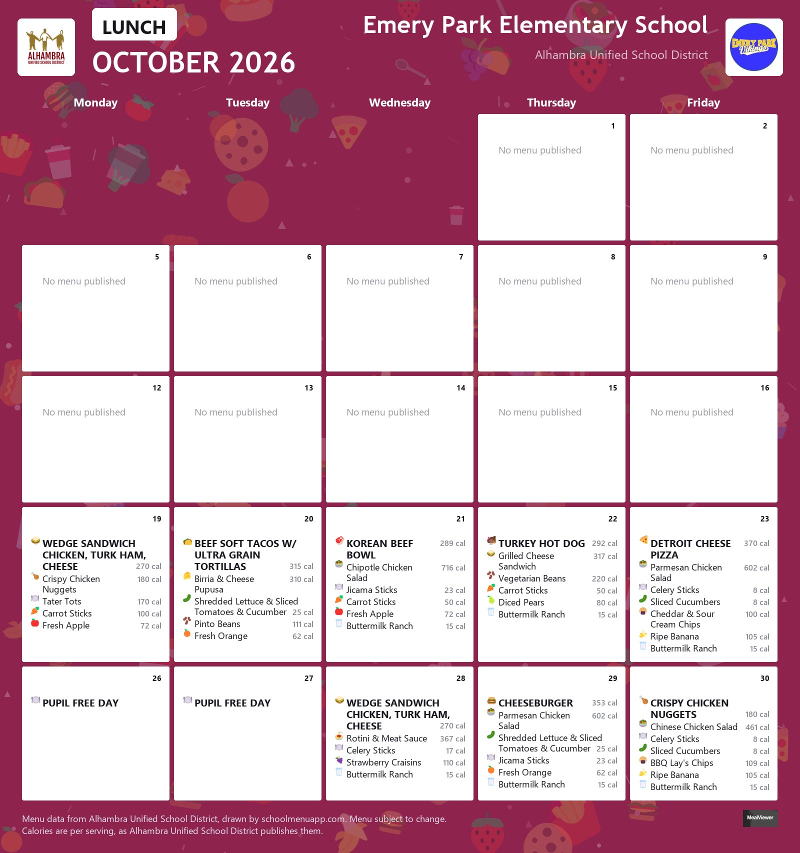Emery Park Elementary School lunch menu for October 2026, Alhambra USD
