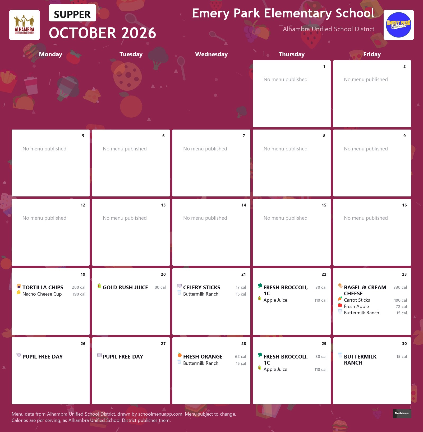 Emery Park Elementary School supper menu for October 2026, Alhambra USD