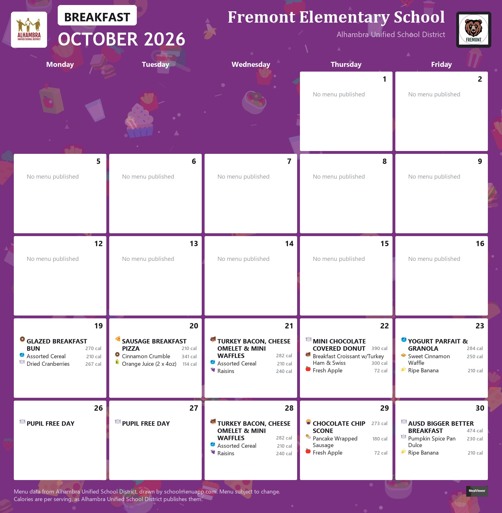 Fremont Elementary School breakfast menu for October 2026, Alhambra USD
