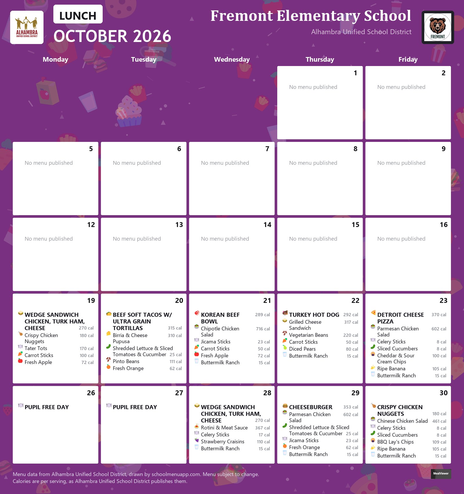 Fremont Elementary School lunch menu for October 2026, Alhambra USD
