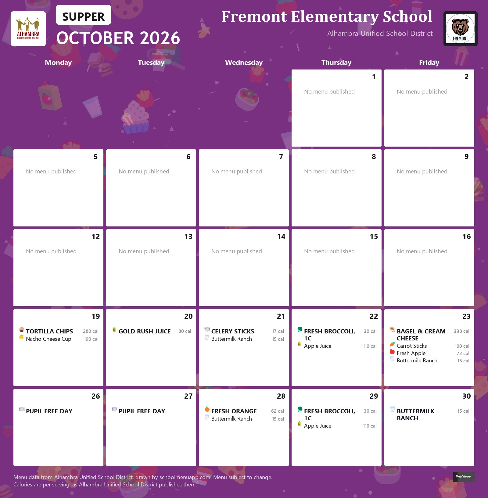 Fremont Elementary School supper menu for October 2026, Alhambra USD