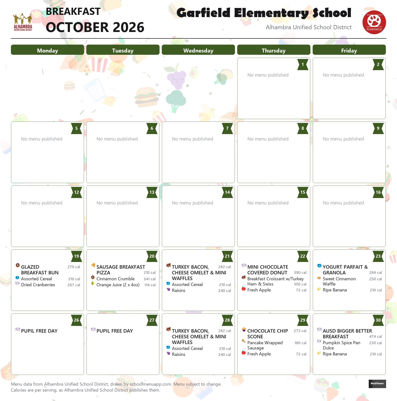 Garfield Elementary School breakfast menu for October 2026, Alhambra USD
