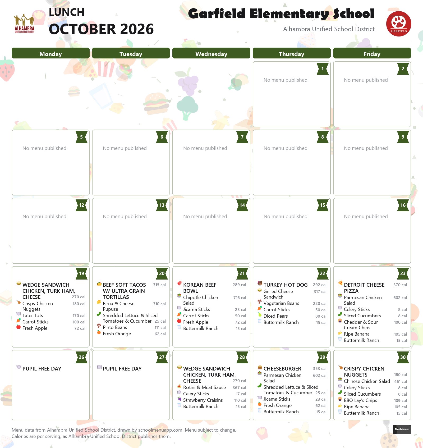Garfield Elementary School lunch menu for October 2026, Alhambra USD