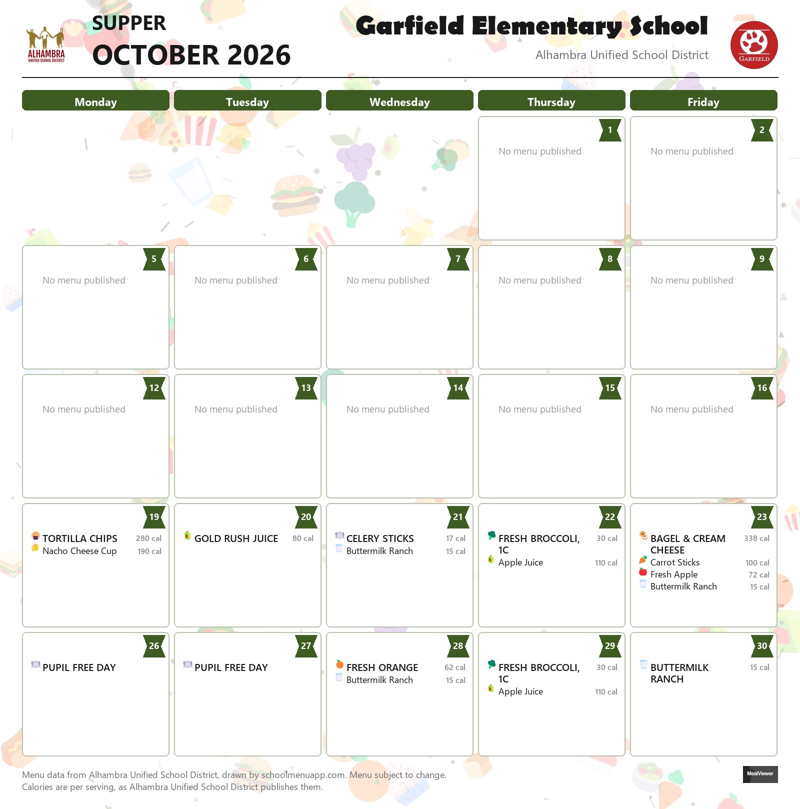Garfield Elementary School supper menu for October 2026, Alhambra USD