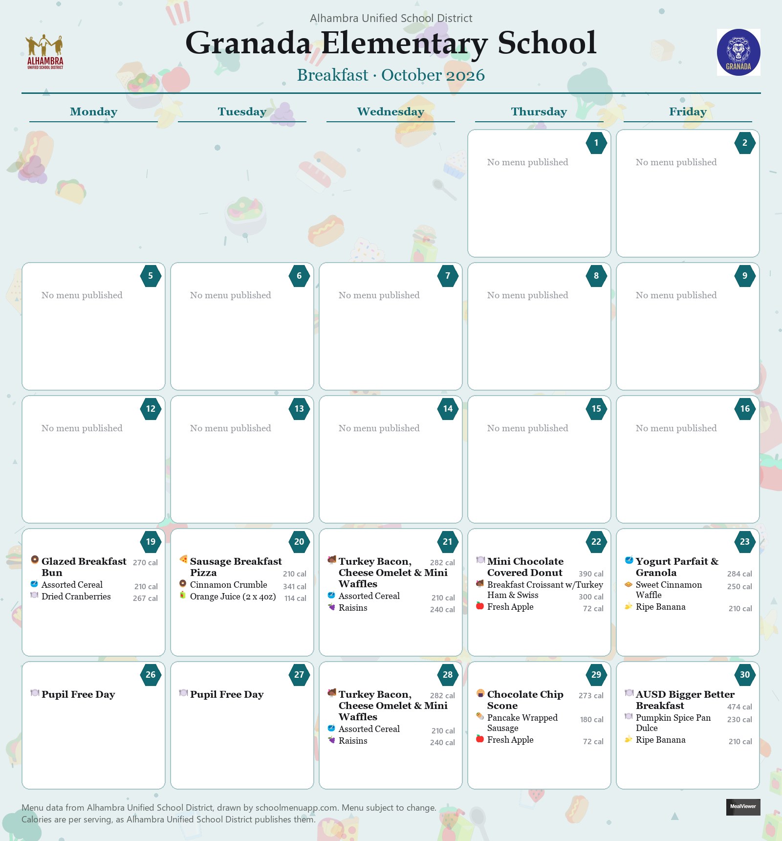 Granada Elementary School breakfast menu for October 2026, Alhambra USD