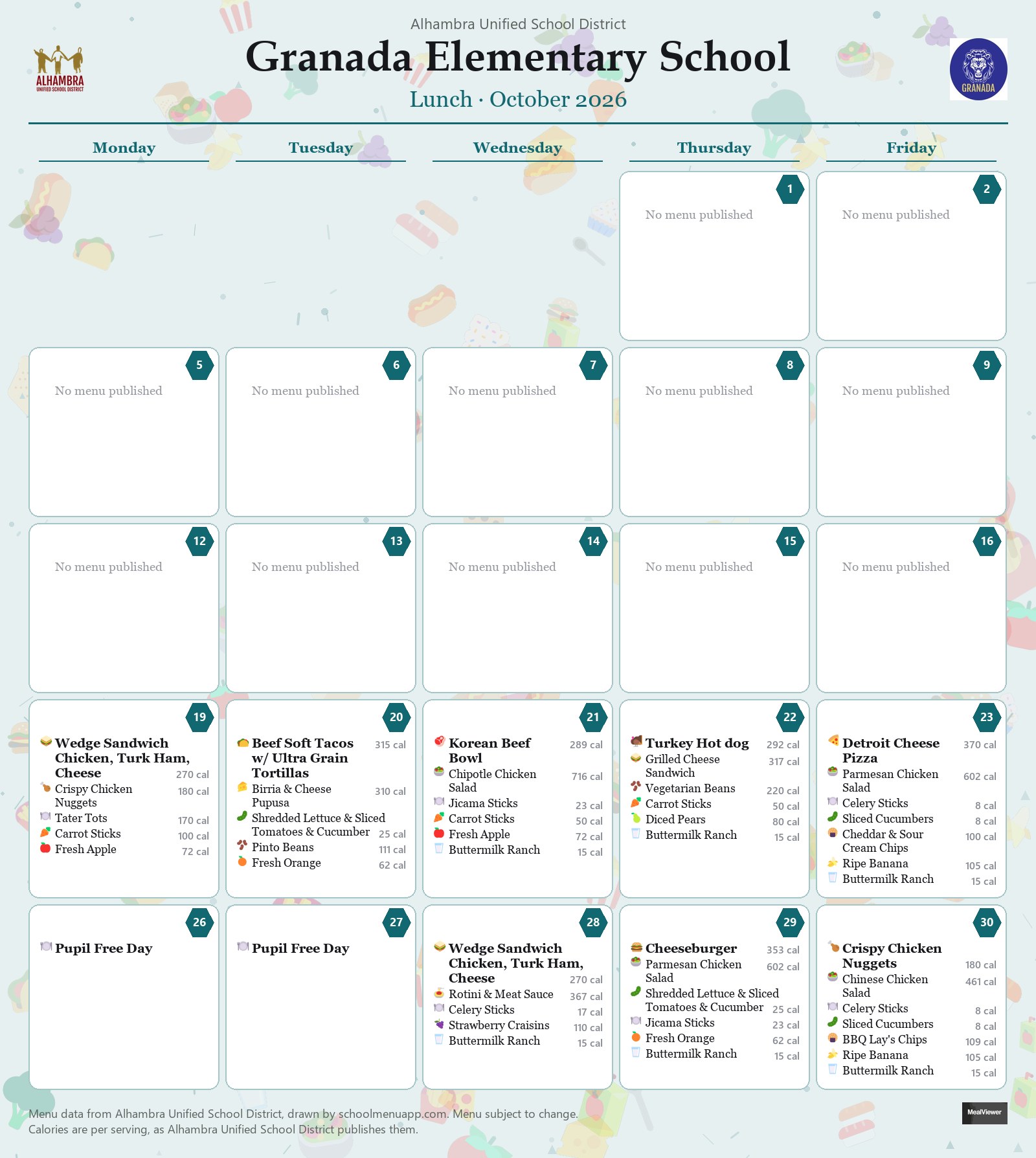 Granada Elementary School lunch menu for October 2026, Alhambra USD