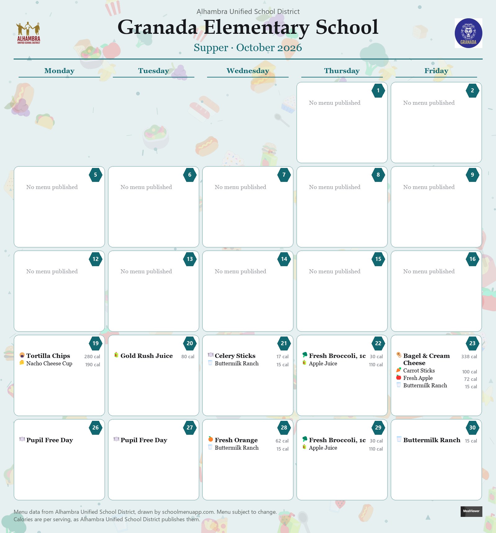 Granada Elementary School supper menu for October 2026, Alhambra USD