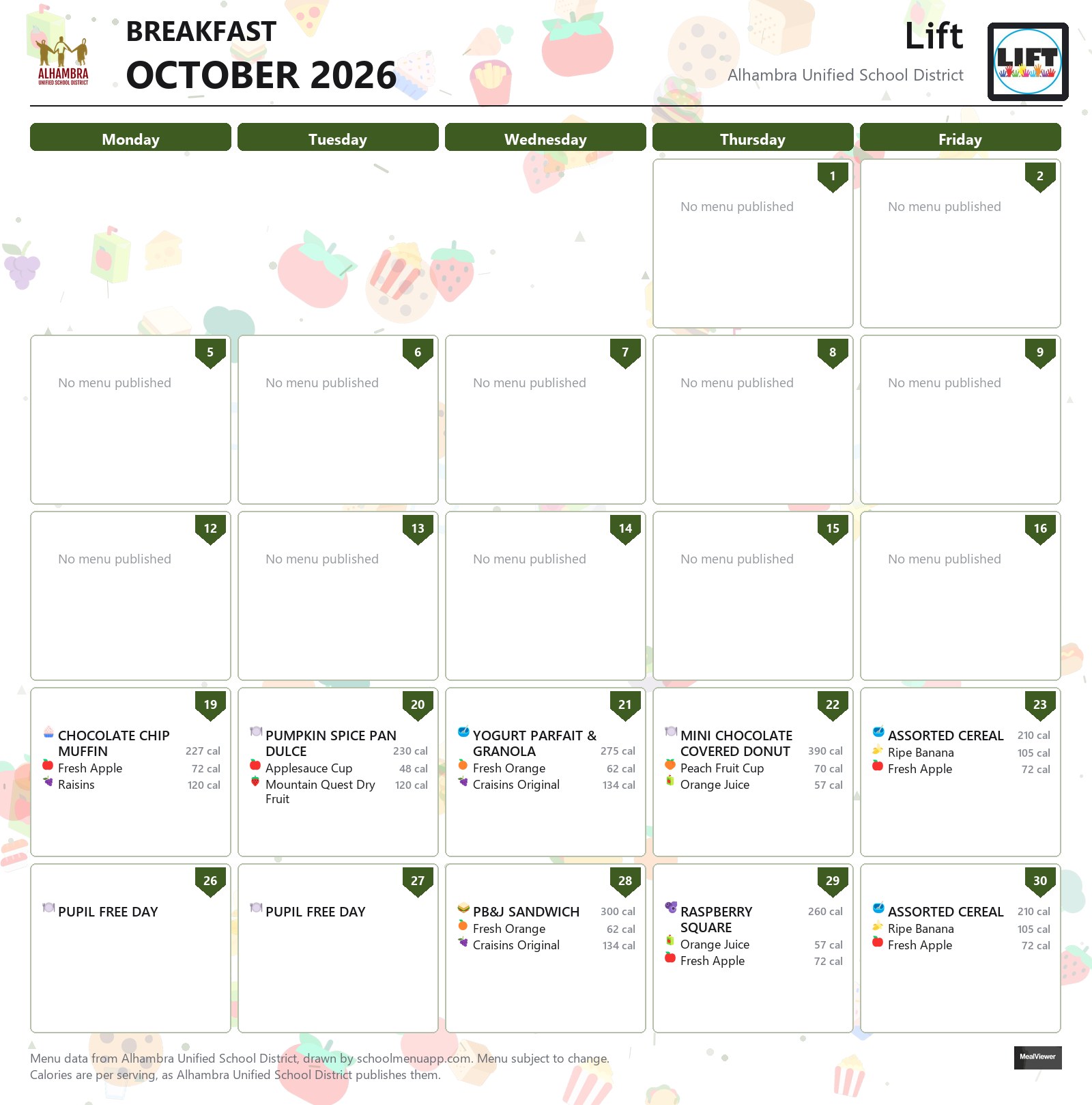 Lift breakfast menu for October 2026, Alhambra USD