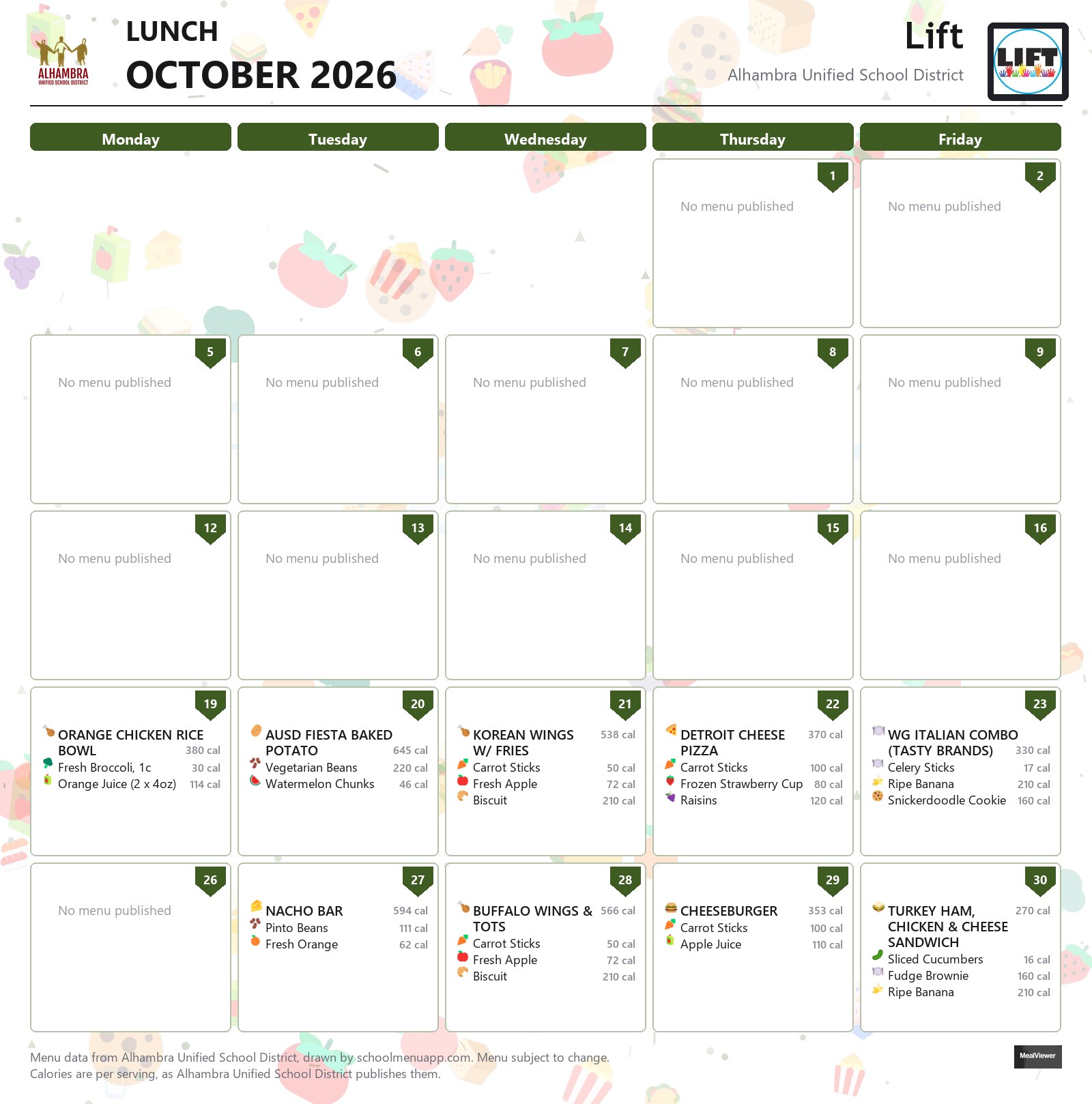 Lift lunch menu for October 2026, Alhambra USD