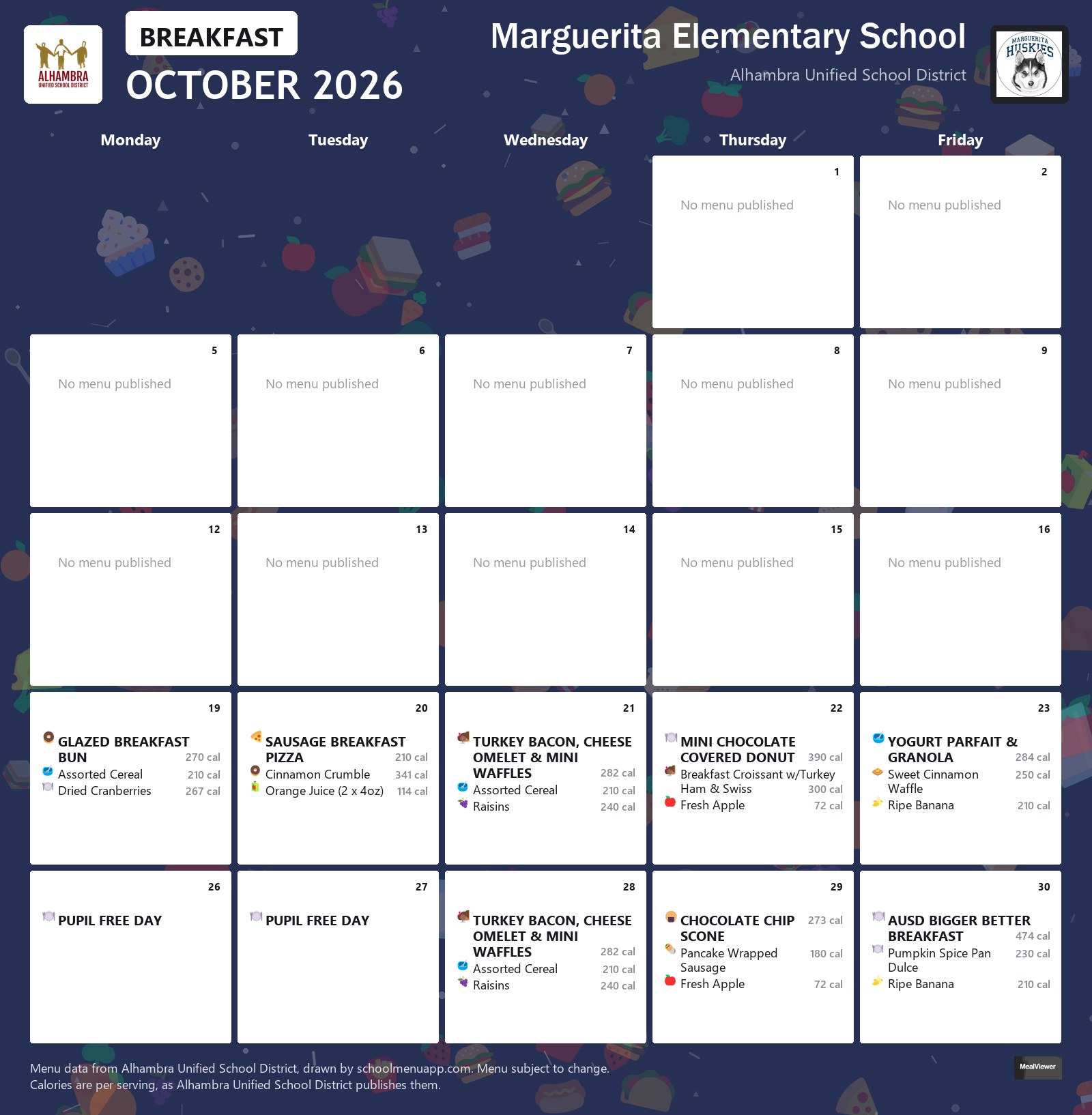 Marguerita Elementary School breakfast menu for October 2026, Alhambra USD
