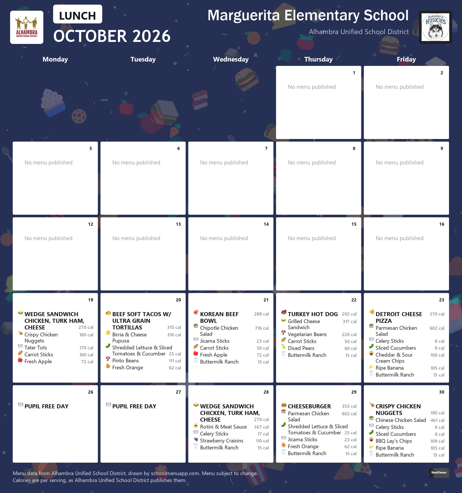 Marguerita Elementary School lunch menu for October 2026, Alhambra USD