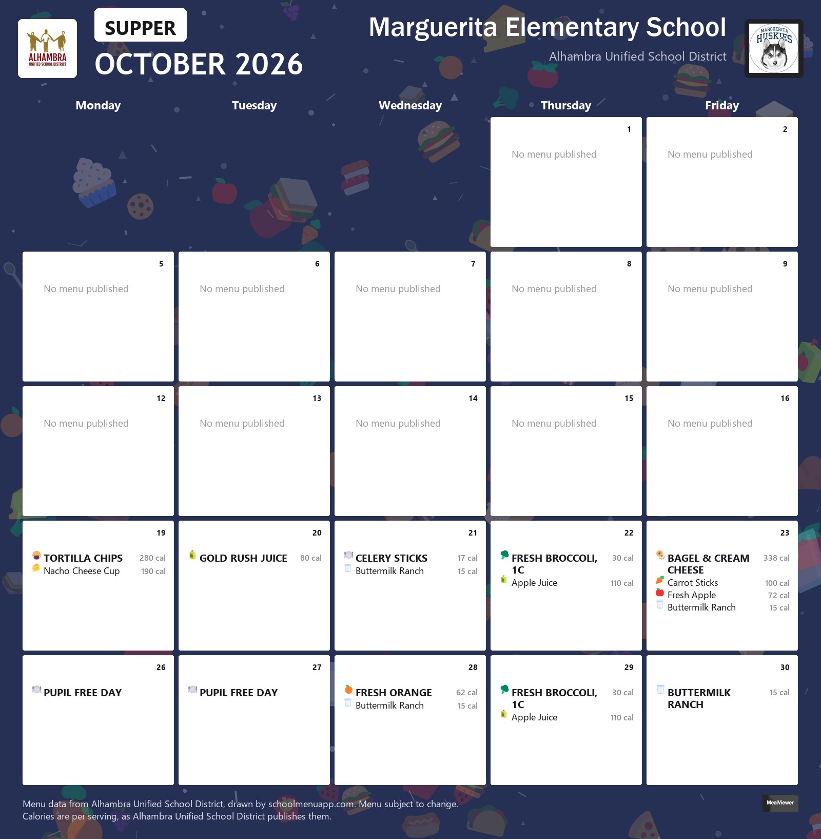 Marguerita Elementary School supper menu for October 2026, Alhambra USD
