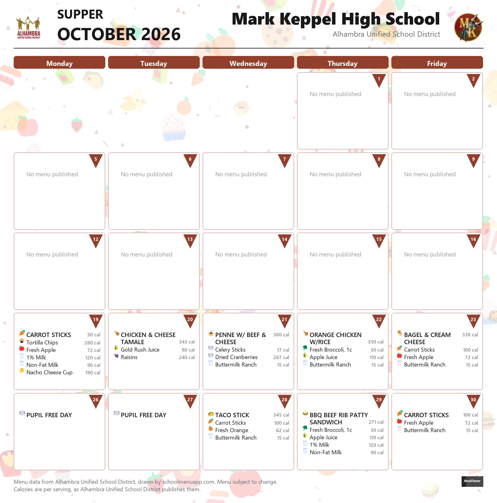 Mark Keppel High School supper menu for October 2026, Alhambra USD