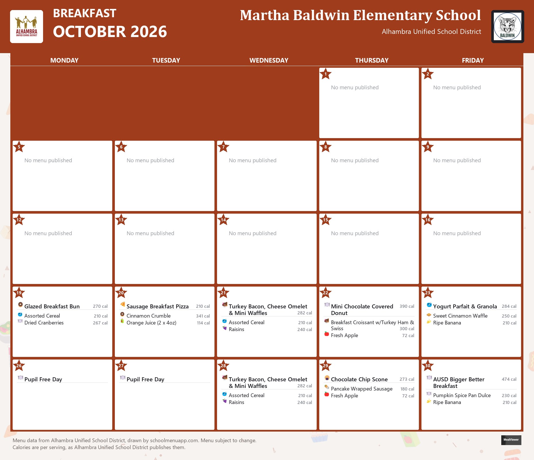 Martha Baldwin Elementary School breakfast menu for October 2026, Alhambra USD