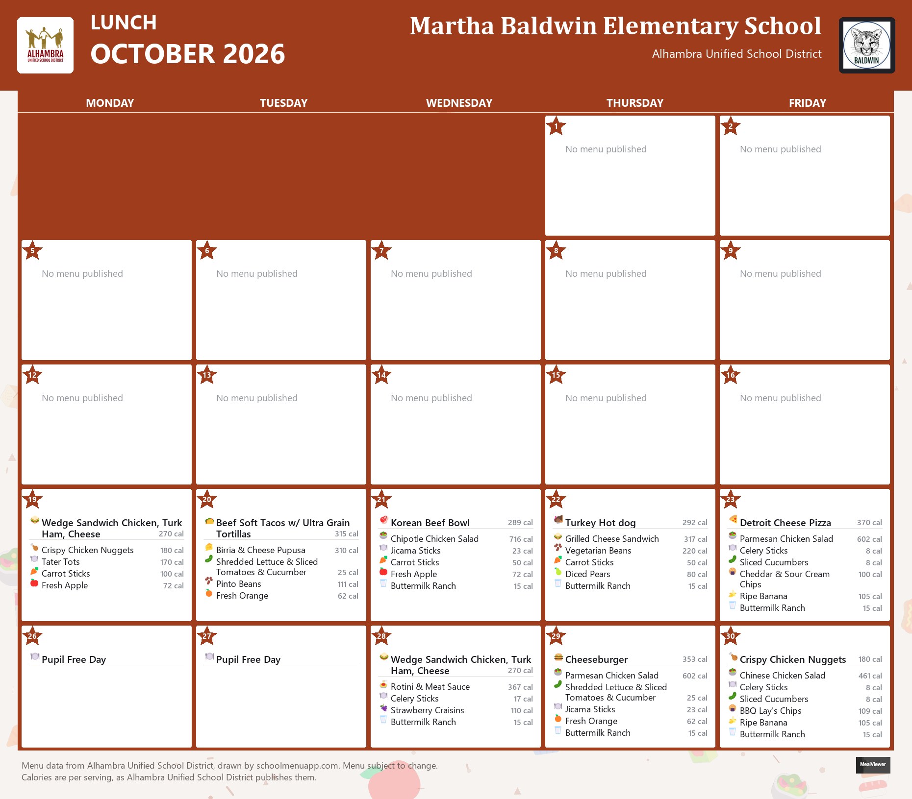 Martha Baldwin Elementary School lunch menu for October 2026, Alhambra USD