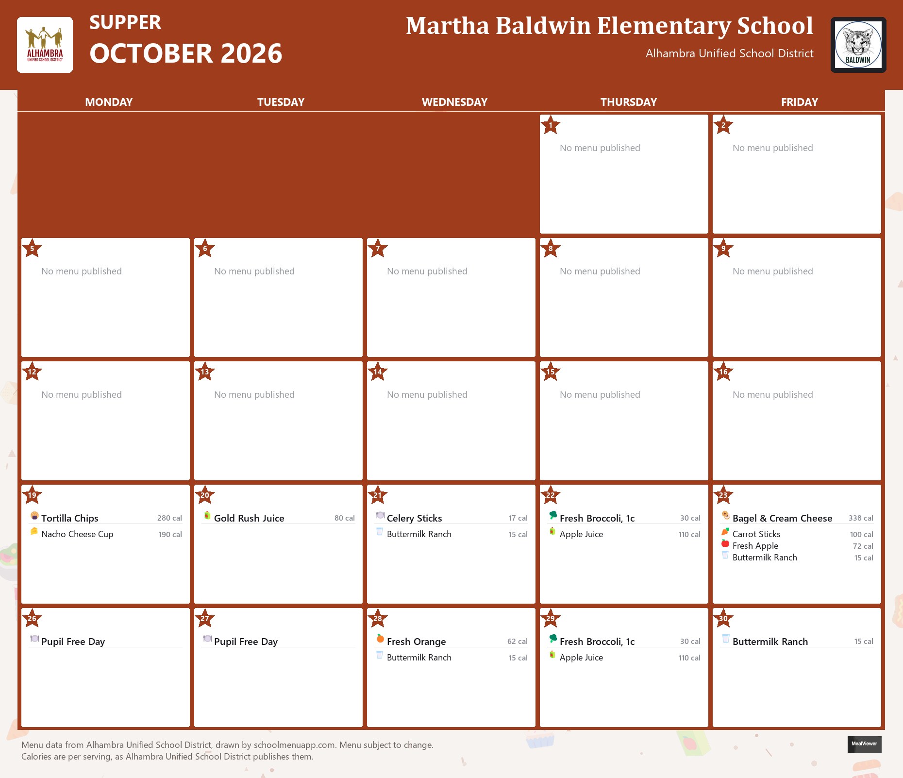 Martha Baldwin Elementary School supper menu for October 2026, Alhambra USD