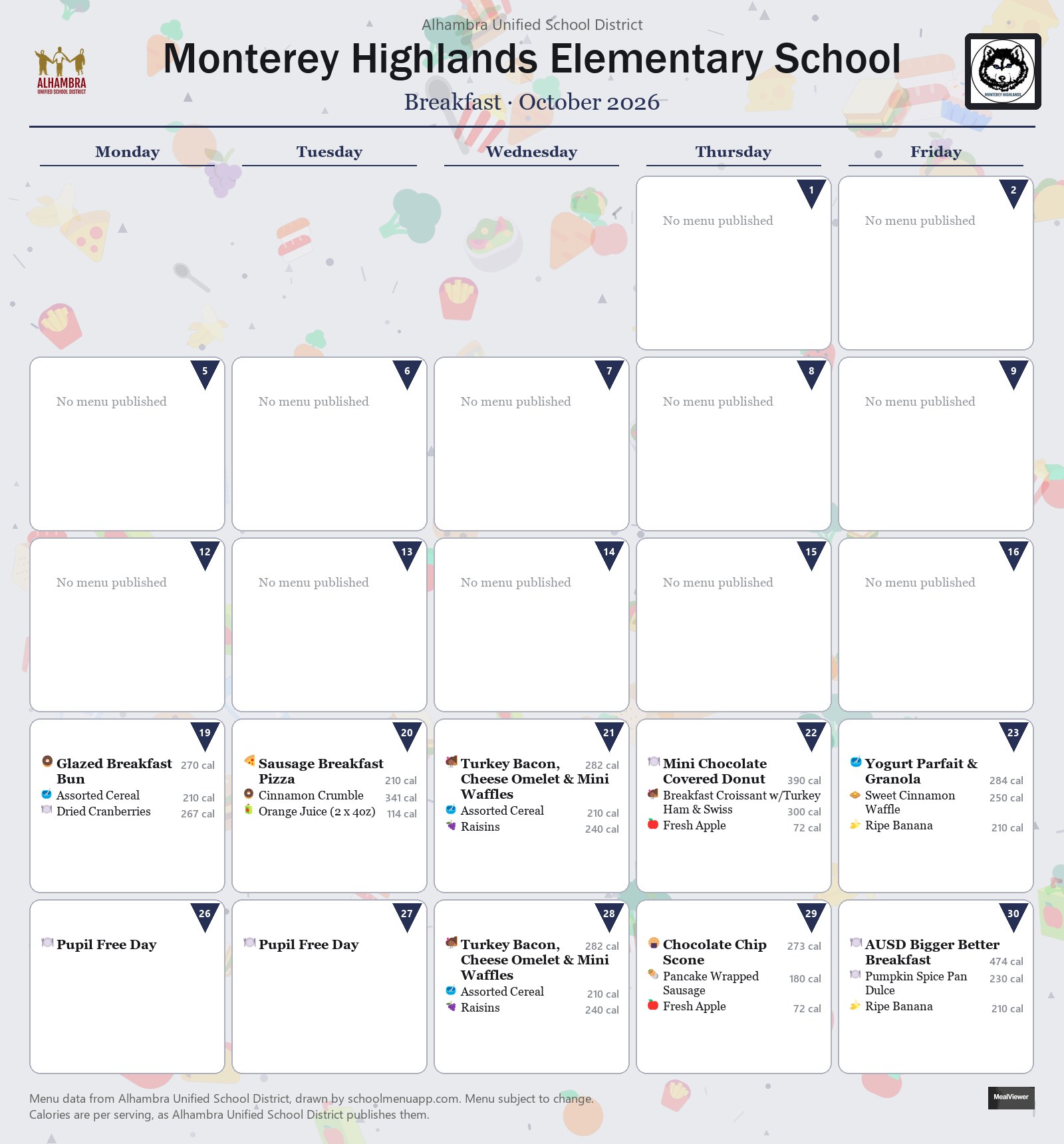 Monterey Highlands Elementary School breakfast menu for October 2026, Alhambra USD