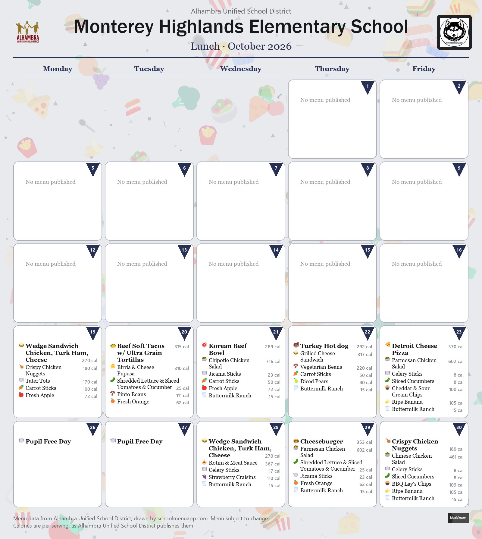 Monterey Highlands Elementary School lunch menu for October 2026, Alhambra USD