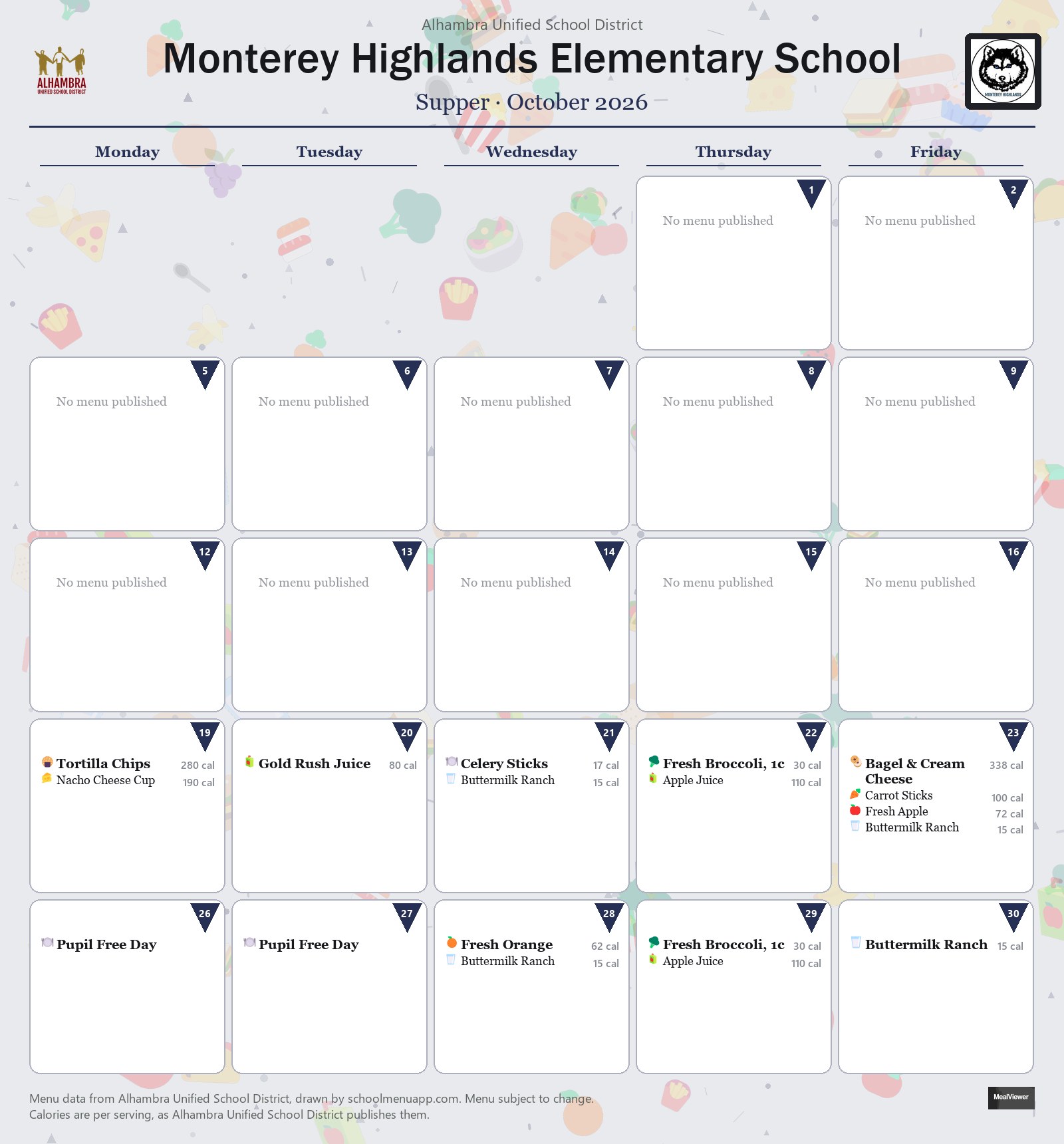 Monterey Highlands Elementary School supper menu for October 2026, Alhambra USD
