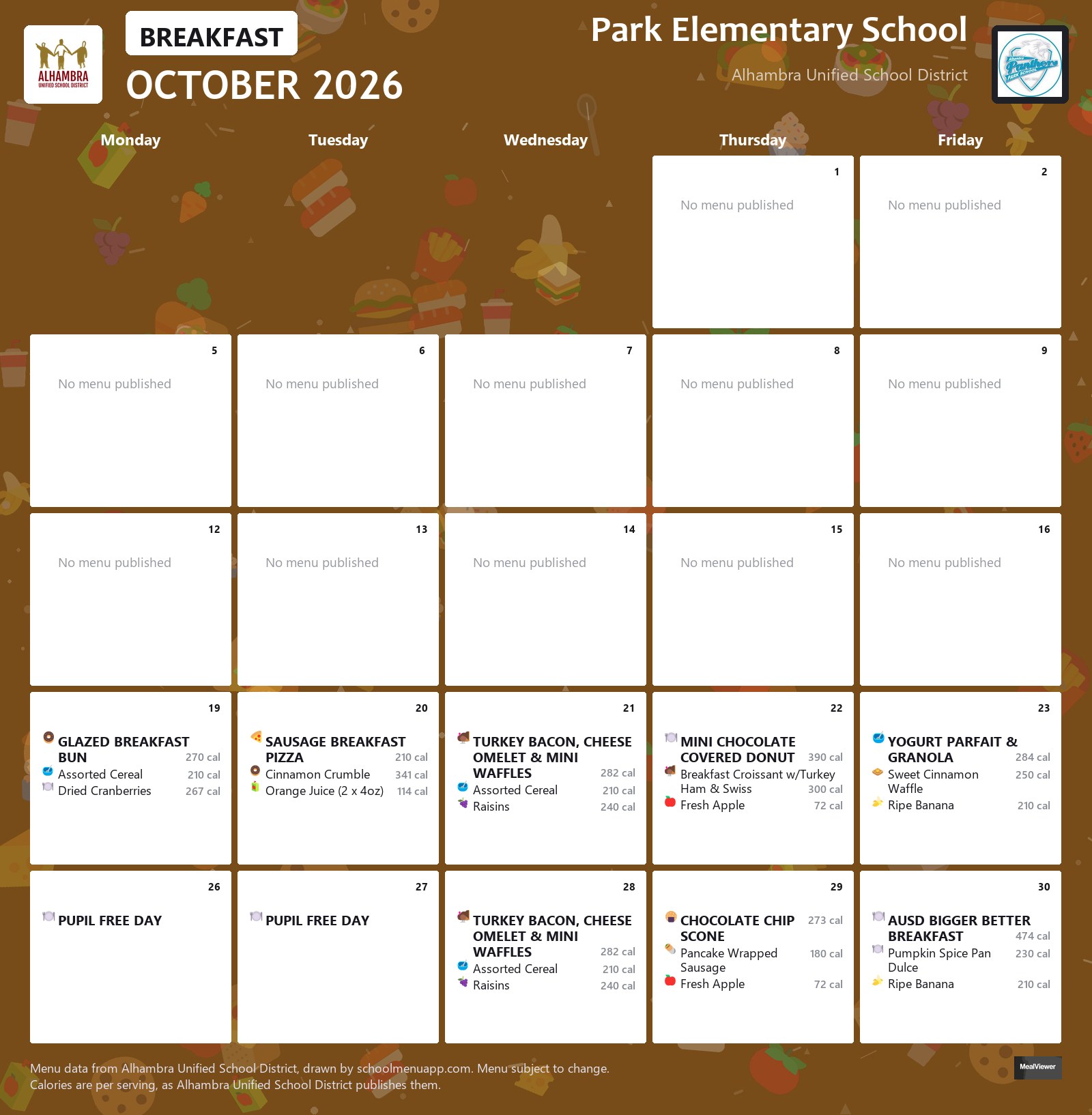 Park Elementary School breakfast menu for October 2026, Alhambra USD