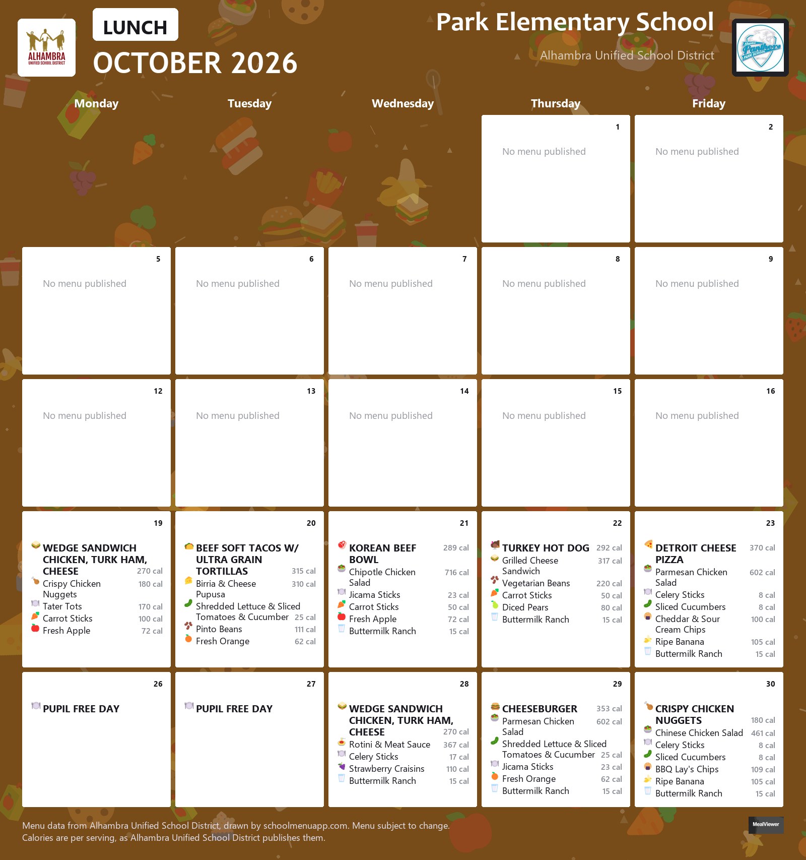 Park Elementary School lunch menu for October 2026, Alhambra USD