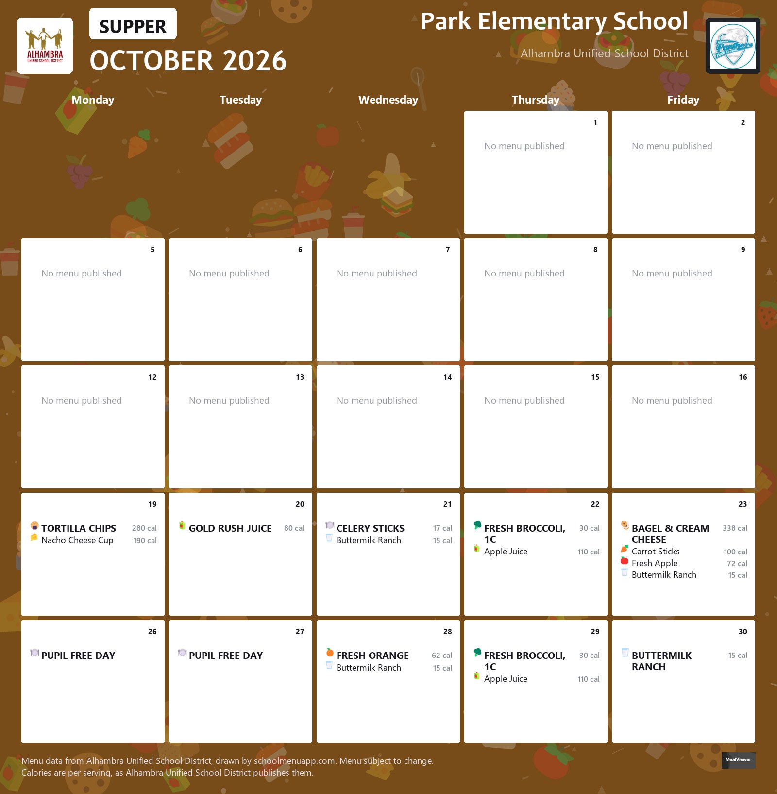 Park Elementary School supper menu for October 2026, Alhambra USD