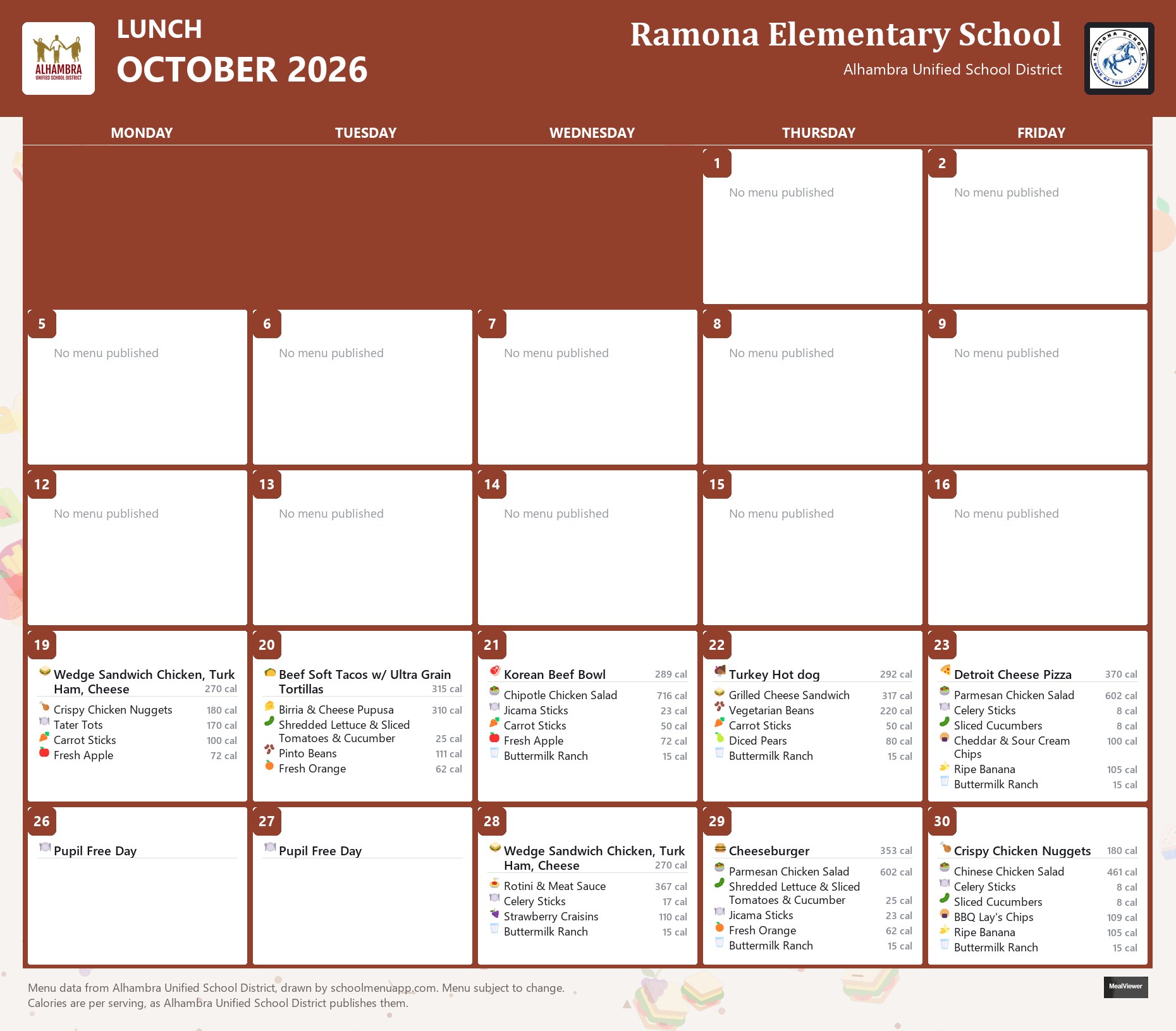 Ramona Elementary School lunch menu for October 2026, Alhambra USD