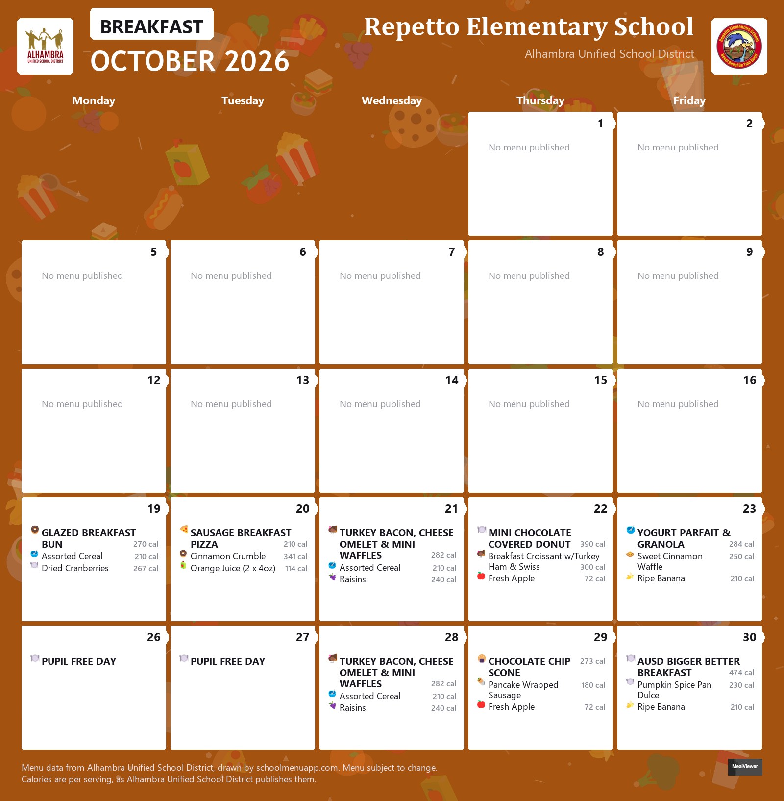 Repetto Elementary School breakfast menu for October 2026, Alhambra USD